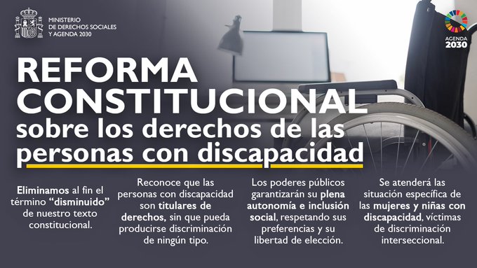Creatividad del Ministerio de Derechos Sociales que recoge los cambios en derechos de personas con discapacidad en la Constitución Española.