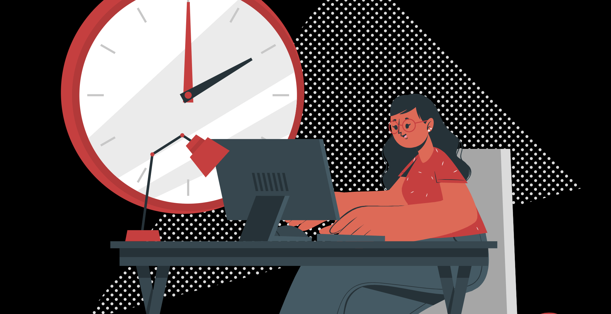 Imagen gráfica de una mujer trabajando con un portátil con un gran reloj blanco de fondo