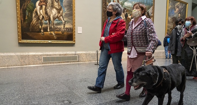 Una mujer ciega visitando un museo junto a su perro guía