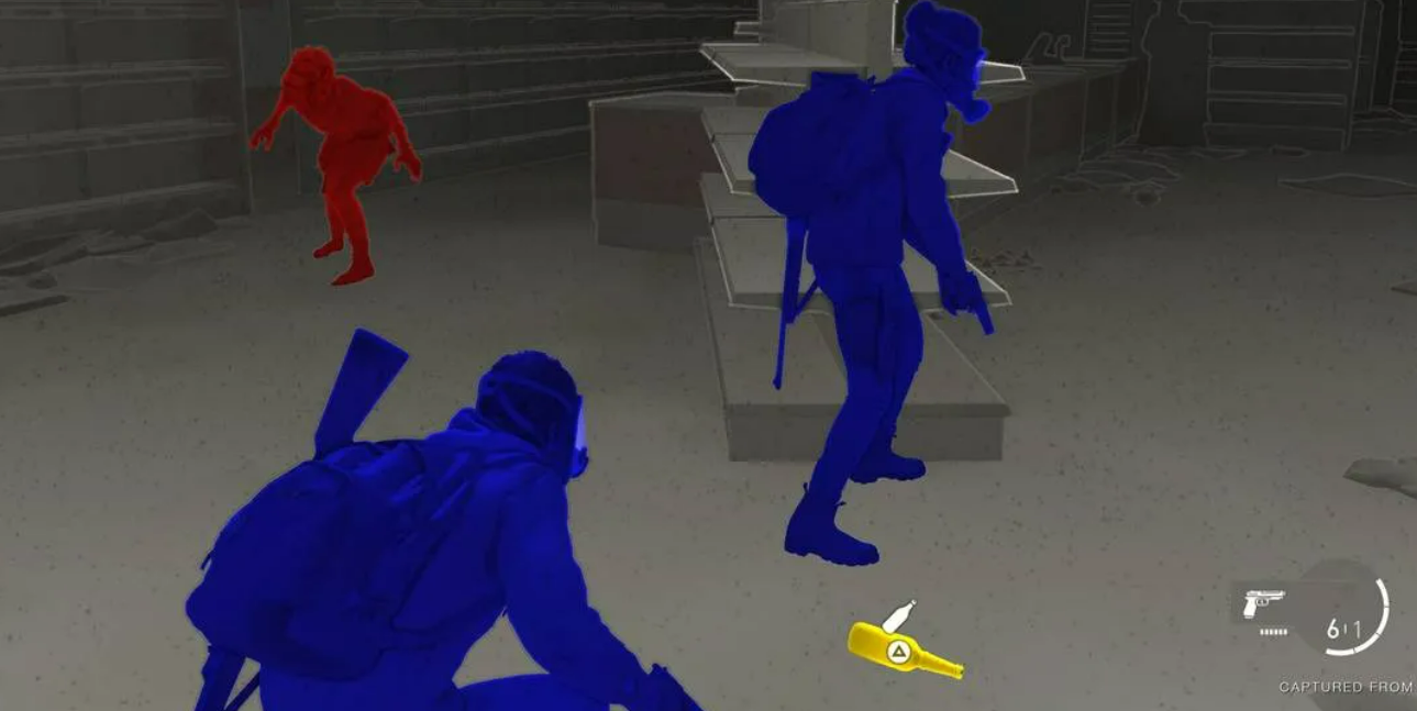 Imagen de un videojuego, con figuras de personas armadas