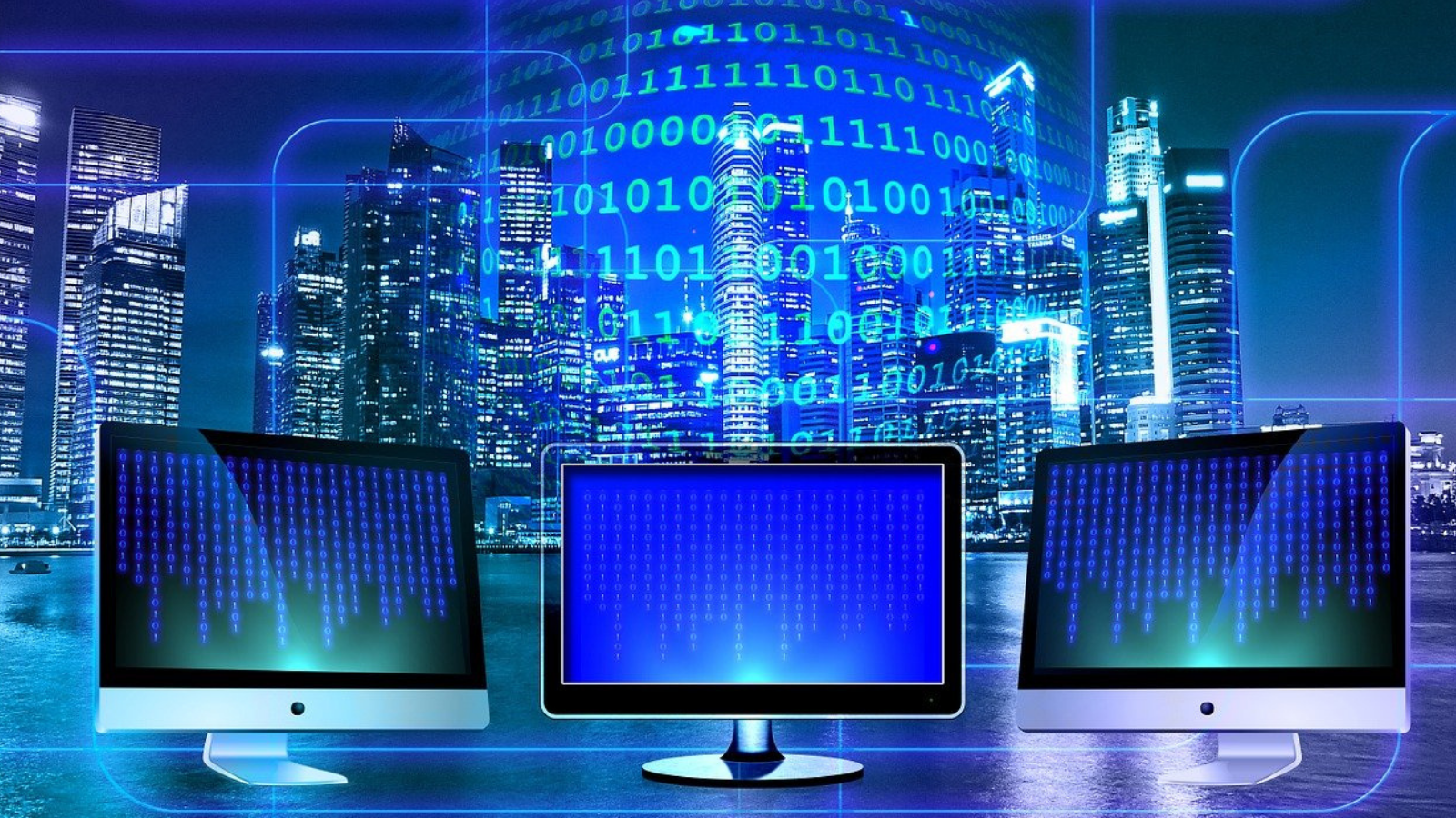 Creatividad con símbolos digitales, como pantallas de ordenador y lenguaje binario. Fondo azul oscuro, con un perfil de una ciudad