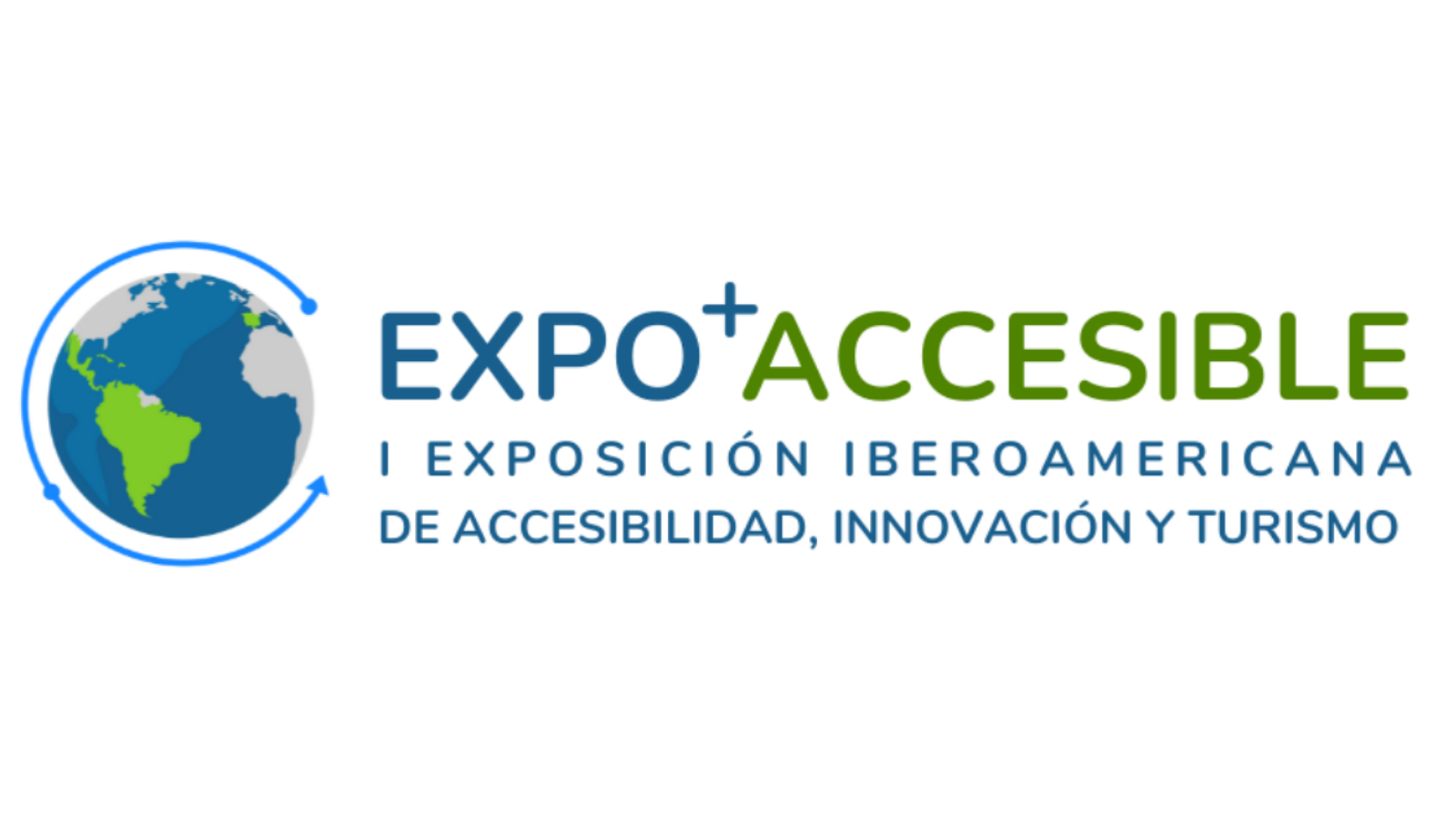 Cartel de Expo Accesible, con el logo compuesto por un globo terráqueo y letras en colores verde y azul