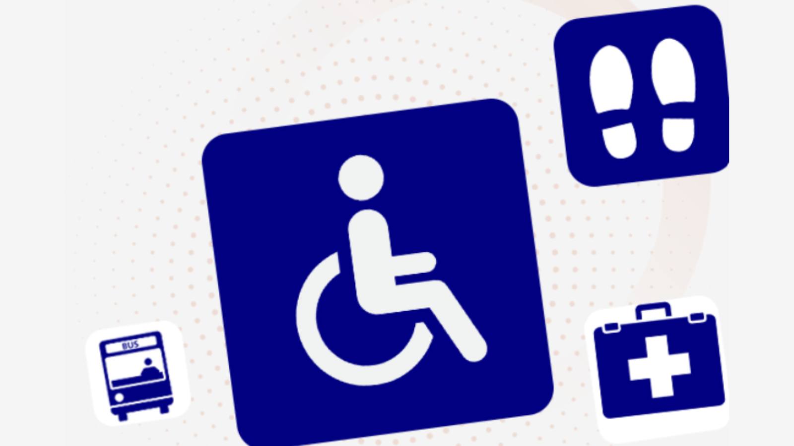 Imagen con varios de los pictogramas recogidos en la biblioteca digital creada por Plena Inclusión: un autobús, una persona en silla de ruedas, dos huellas de zapatos, un maletín sanitario con una cruz blanca