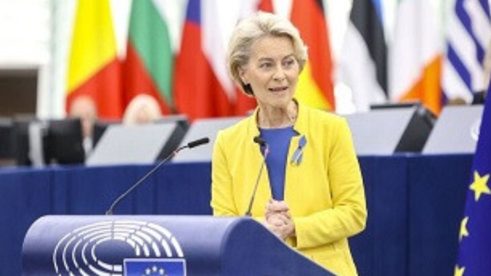 Fotografía de la presidenta de la Comisión Europea, Ursula Von der Leyen, en una comparecencia con las banderas de los países de fondo. Viste una chaqueta de color amarillo.
