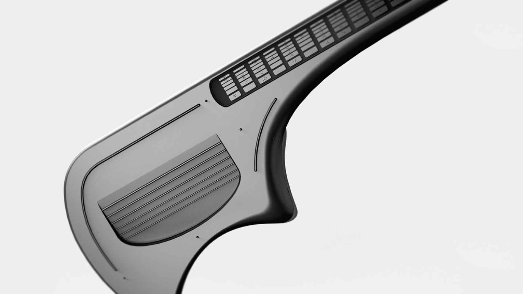 Fotografía de la guitarra diseñada en Corea para ser utilizada por personas con discapacidad visual. Tiene un color gris oscuro