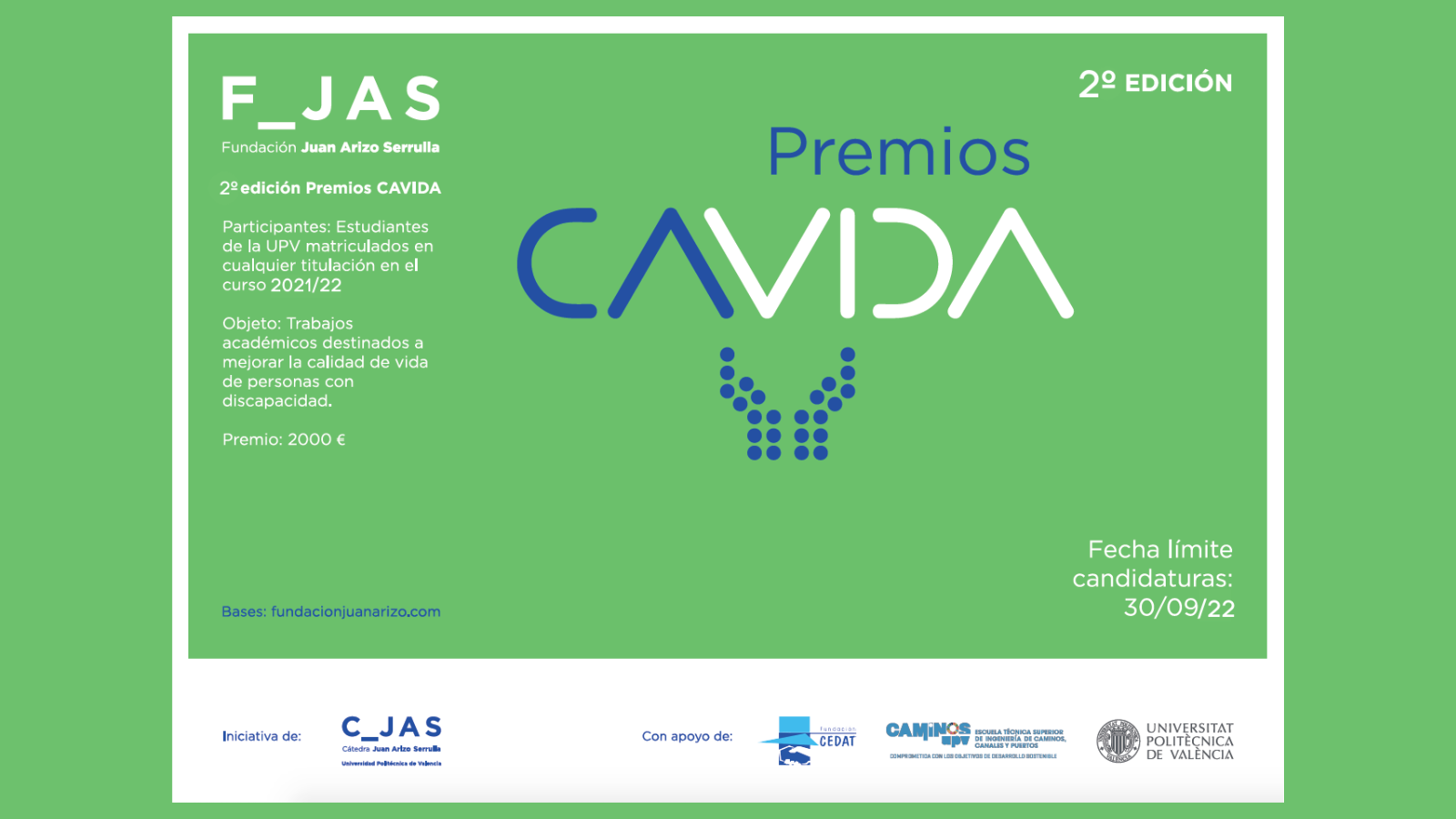 Cartel con la información de la segunda convocatoria de los Premios Cavida, con el logo de la fundación, de las entidades colaboradoras y los principales datos, en letras blancas sobre fondo verde