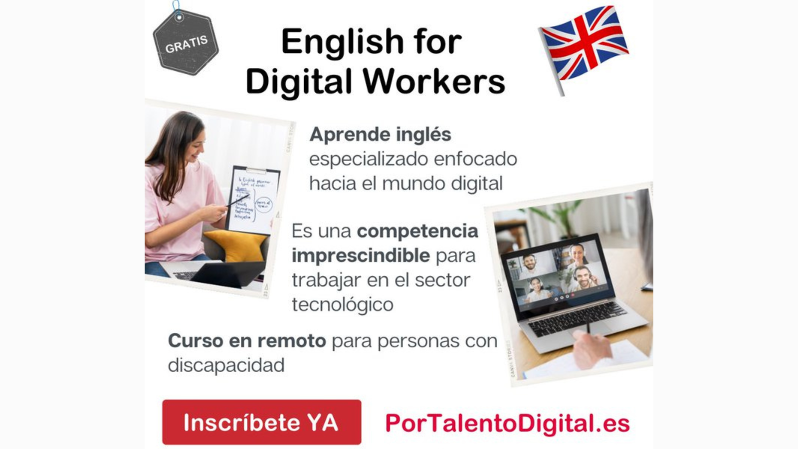 Cartel de los cursos de inglés de por talento digital con toda la información detallada en el texto